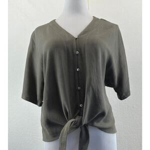 Melloday Olive Rayon/Linen Tie-Front Flowy Blouse Size Small Capsule Boho Basic